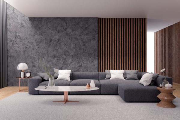 Modern luxury living room interior design, black sofa with dark concrete wall ,3d rendering